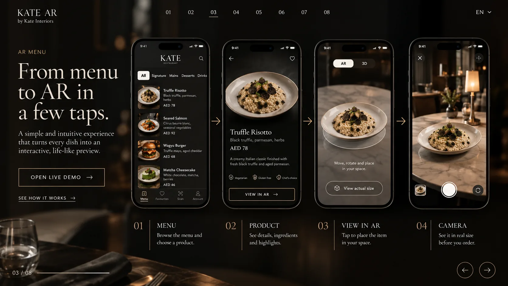 Four-step AR menu journey on smartphones