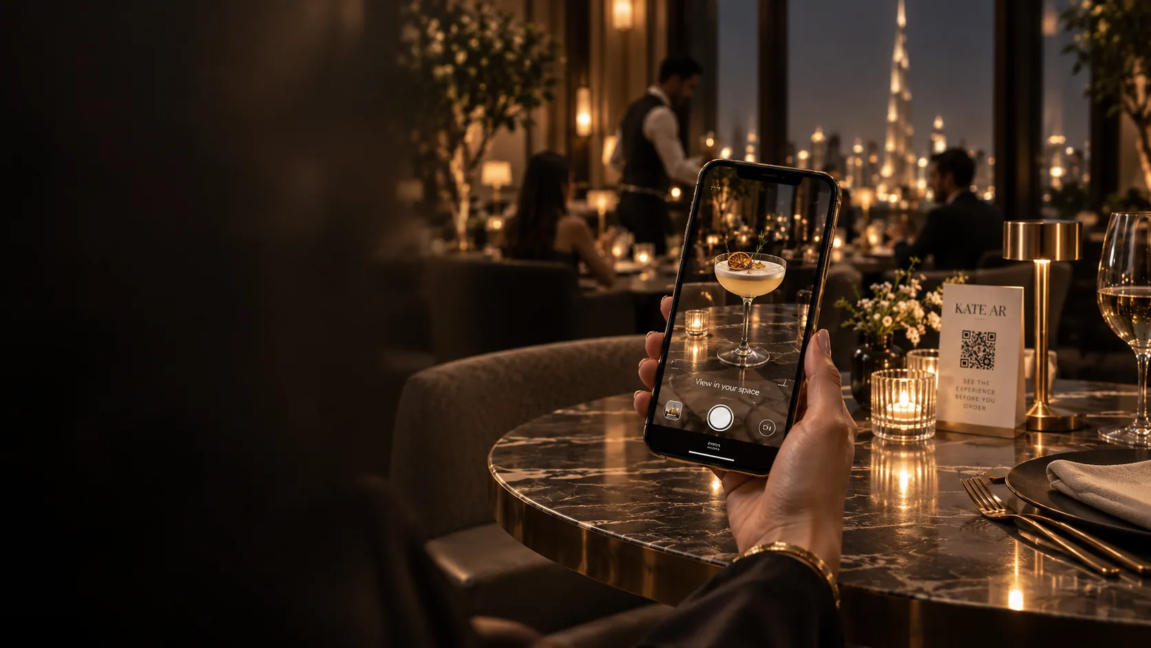 Guest previewing a virtual drink in AR at a luxury restaurant